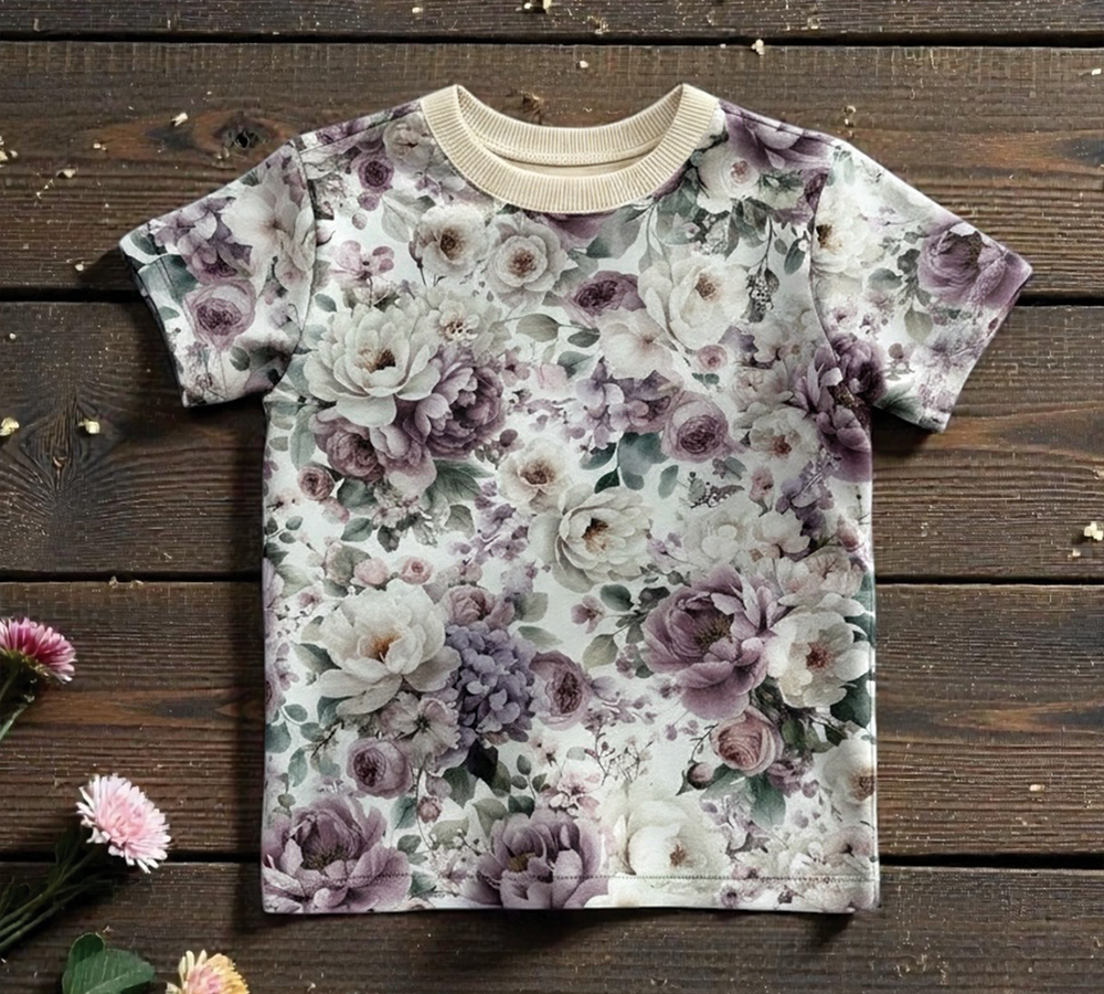 Handmade trička pro malé parádnice ve fialové květy